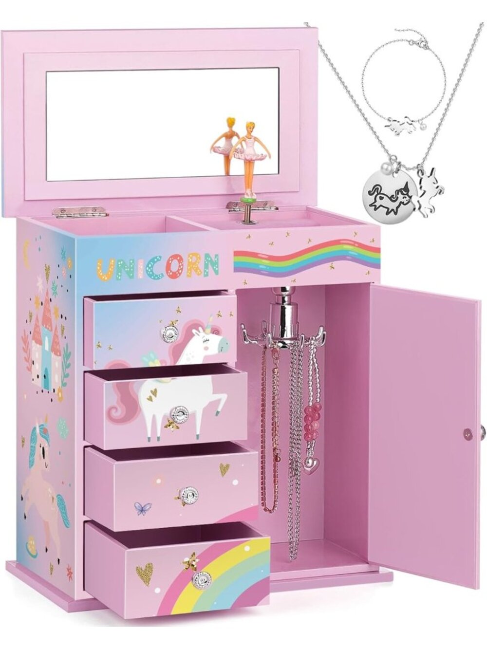 Girls Jewelry Box with 5 Layers, Swing Door, Ballerina & Unicorn Design, Music